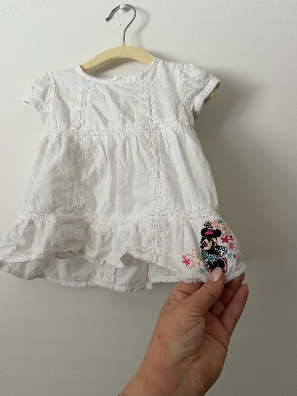 Vintage Disney 100% Cotton White Eyelet Baby Dress with Minnie Mouse Embroidery